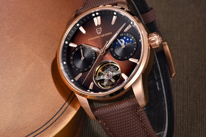 PAGANI DESIGN – Mechanische Luxusuhr für Herren, 41 mm, Saphirglas, Lederarmband, wasserdicht, Pilotenstil, mit Tourbillon und Mondphase