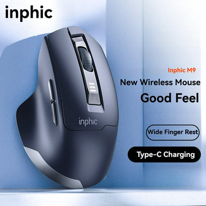 Brezžična miška Inphic M9 z 2.4G USB-sprejemnikom, polnilna prek Type-C, tihimi gumbi, prikazom napolnjenosti in ergonomsko zasnovo – univerzalna pisarniška miška