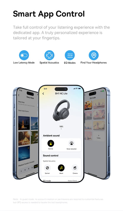 Baseus Bass BH1 NC Lite ANC Wireless Headphones 95% Noise Cancelling Headsets Headphone Bluetooth 6.0 80H Over Ear Earphones