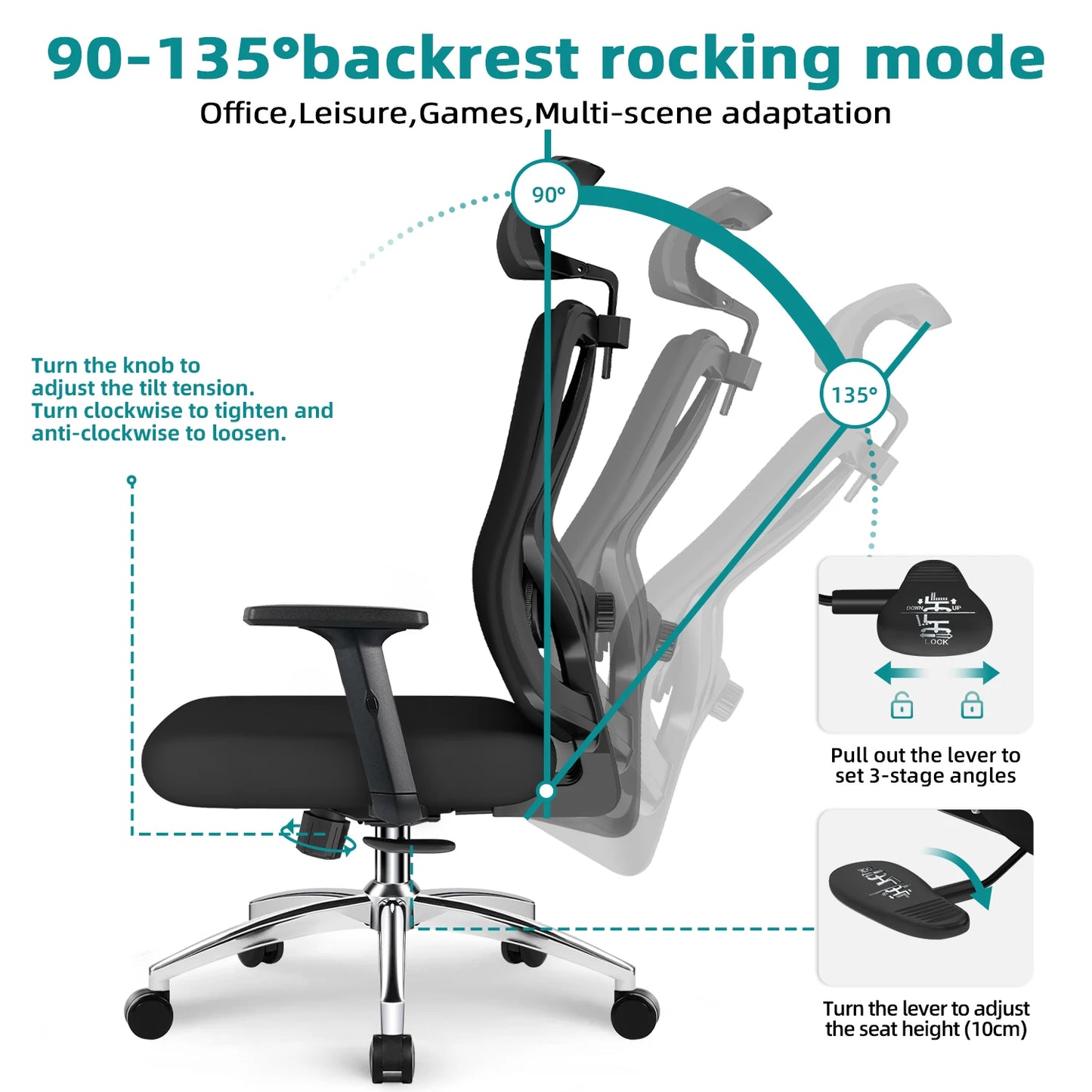 Daccormax Ergonomic Office Chair, Mesh Desk Chair Adjustable Lumbar Support, Swivel Tilt Wheels for Home Office Gaming