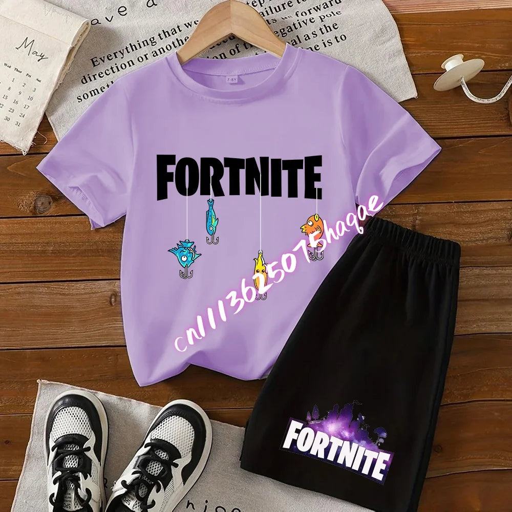 Летен комплект Fortnite с тениска и къси панталони за момчета и момичета, 2 части, детски дрехи с горнище, тениска и панталони, принт Fortress Night, подарък