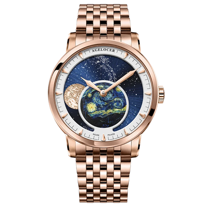 AGELOCER Original Astronomer Watch Men's Business Luxury Gold Watch Automatic Mechanical Moon Phase Watch Birthday Gift for Men