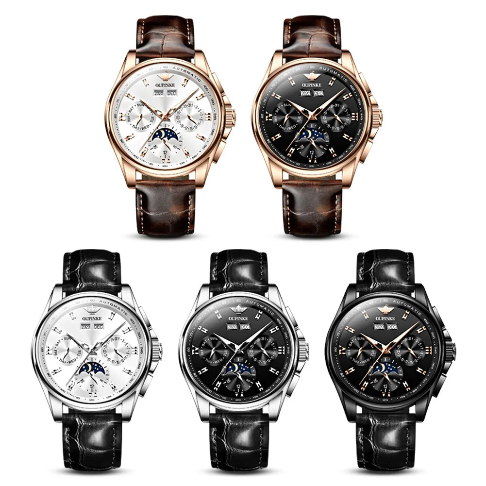 OUPINKE 3189 Classic Men's Watch Leather Strap Waterproof Moon phase Top Brand Automatic Mechanical Men's Wristwatch