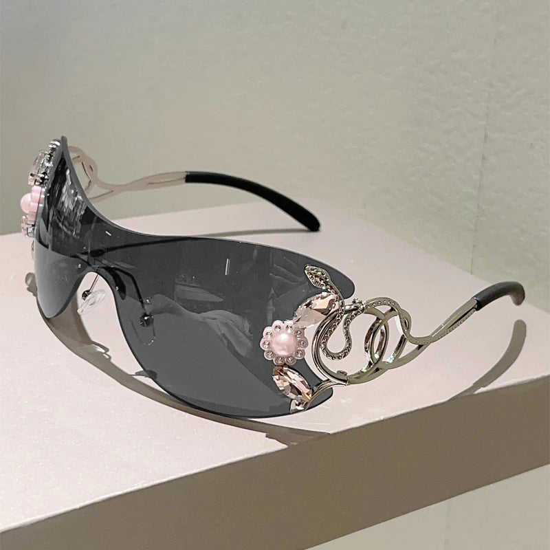 KAMMPT Rimless Y2k Sunglasses with Rhinestones Women Fashion Monoblock Outdoor Decor Shades Trendy Design Gradient Sun Glasses