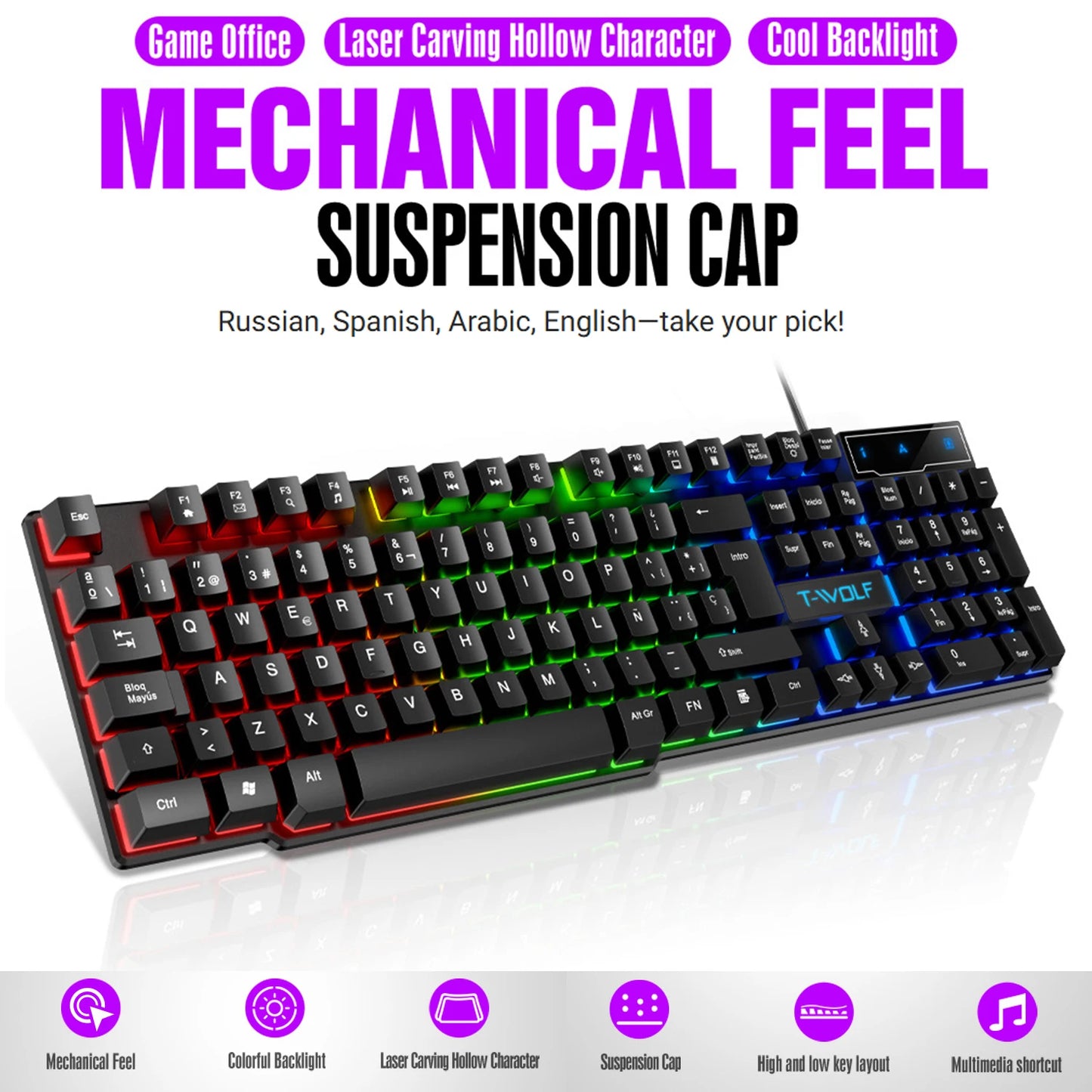 Mechanical feel Gaming Keyboard Light Backlit RGB wired keyboard USB office home media keys Russian Spanish Arabic English
