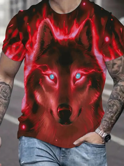 Fire Wolf Grafik-3D-Print Herren-T-Shirt Sommer Oversized Casual T-Shirt Herrenmode Fitness Kurzarm-Oberteil Tee-Shirt