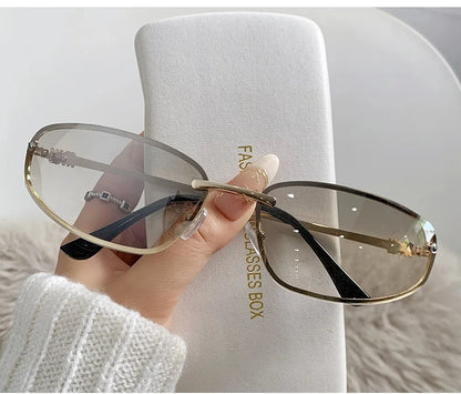 Gradient Oval Frameless Women's Sunglasses High Quality Luxury Brand Y2k Rimless Glasses Women High-end Punk Popular Shades UV