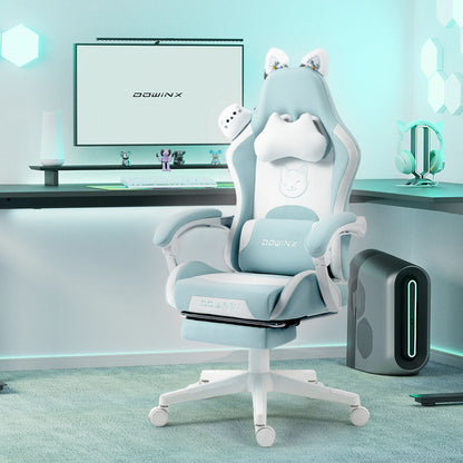 Cuki gamer szék macskafülekkel, lábtartóval, rózsaszín kawaii számítógépes szék, ergonomikus, magas háttámlás gamer ülés macskamancsos deréktámasszal