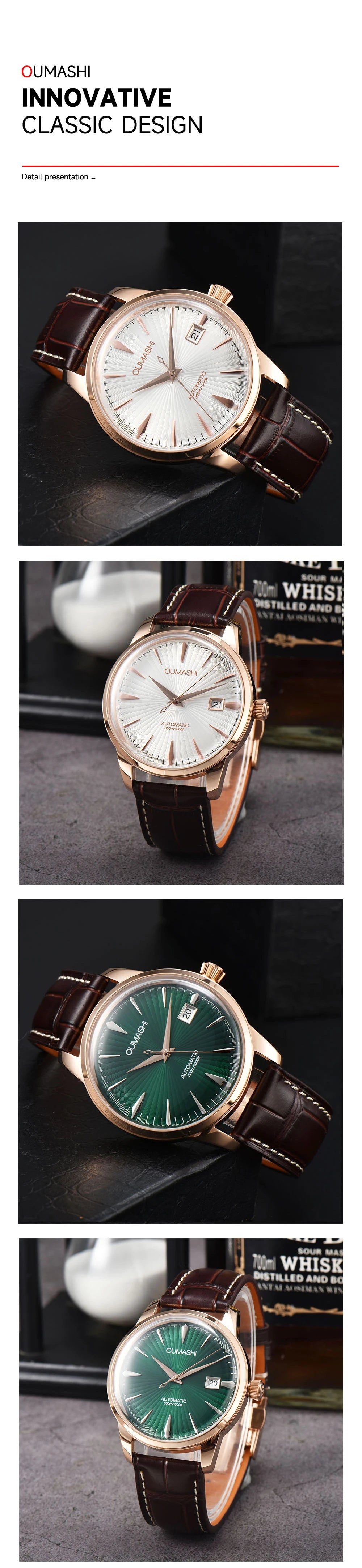 40mm NH35 Watch Cocktail Automatic Mechanical Watch High Quality Stainless Steel Double Dome Waterproof Case Leather Band Watch