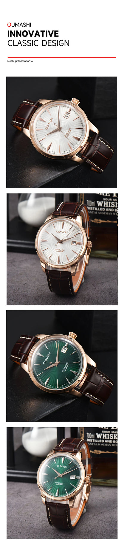 40mm NH35 Watch Cocktail Automatic Mechanical Watch High Quality Stainless Steel Double Dome Waterproof Case Leather Band Watch