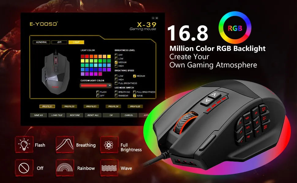 E-YOOSO X-39 programmierbare Gaming-Maus, kabelgebundene RGB-Maus mit 18 Tasten, 8 herausnehmbaren Gewichten, 5 DPI-Stufen, ergonomischem Griff für Computer