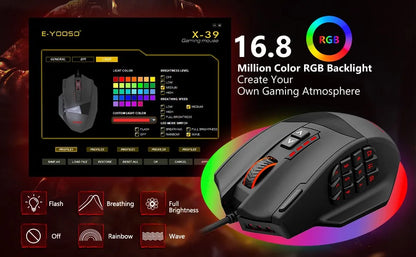 E-YOOSO X-39 programmierbare Gaming-Maus, kabelgebundene RGB-Maus mit 18 Tasten, 8 herausnehmbaren Gewichten, 5 DPI-Stufen, ergonomischem Griff für Computer