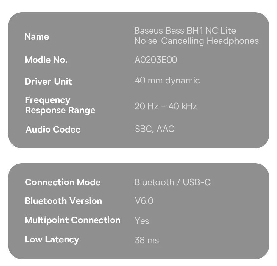 Baseus Bass BH1 NC Lite ANC Wireless Headphones 95% Noise Cancelling Headsets Headphone Bluetooth 6.0 80H Over Ear Earphones
