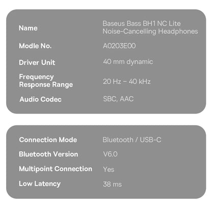 Baseus Bass EH10 NC Noise Cancelling Wireless Headphones Bluetooth 6.0 Over Ear Headset with 45dB ANC, 80H Battery, Hi-Res Audio & AI Calls