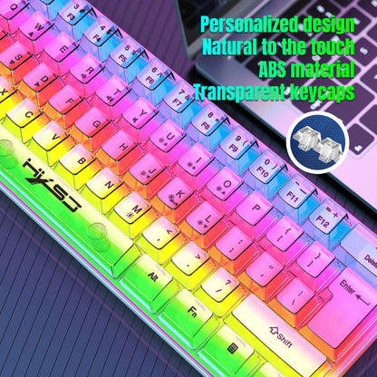 Teclado gaming transparente con cable HXSJ 60%, retroiluminación RGB, ultracompacto, resistente al agua, teclado compacto pequeño de 61 teclas para PC/Mac