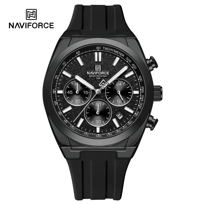 Мъжки ръчен часовник NAVIFORCE – луксозен и спортен стил, кварцов механизъм, 24-часов дисплей, прозорец за датата, хронограф, водоустойчив – идея за подарък за мъж