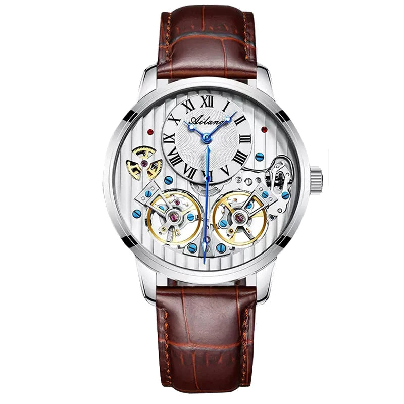 AILANG Top Brand Luxury Watch Men Automatic Luminous Black Clock Men Double Tourbillon Waterproof Mechanical Watch Relogio