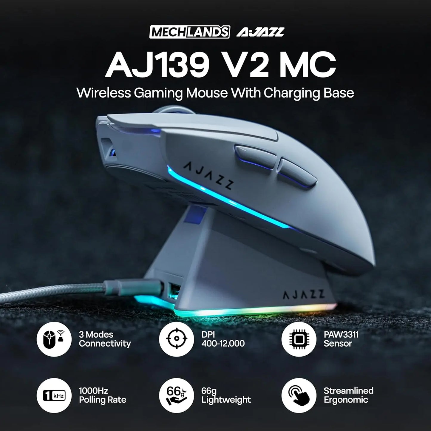 Безжична геймърска мишка AJAZZ AJ139 V2 MC/AJ139 PRO със сензор PAW3311/PAW3395, 12000DPI/26000DPI, 500mAh, Bluetooth мишка за PC