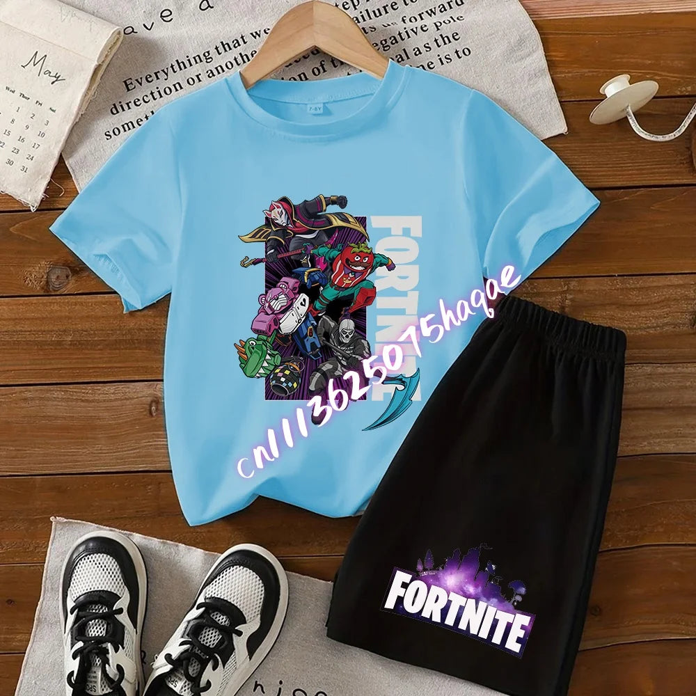 Летен комплект Fortnite с тениска и къси панталони за момчета и момичета, 2 части, детски дрехи с горнище, тениска и панталони, принт Fortress Night, подарък