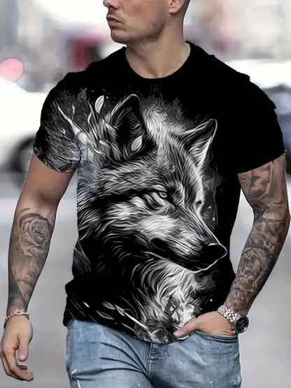 Fire Wolf Grafik-3D-Print Herren-T-Shirt Sommer Oversized Casual T-Shirt Herrenmode Fitness Kurzarm-Oberteil Tee-Shirt