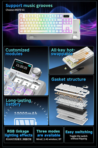 Ajazz AK870 V2 Gaming Mechanical Keyboard Is A Hot-Swaddable RGB Wired Gaming Keyboard Suitable For Various Scenarios On Laptops