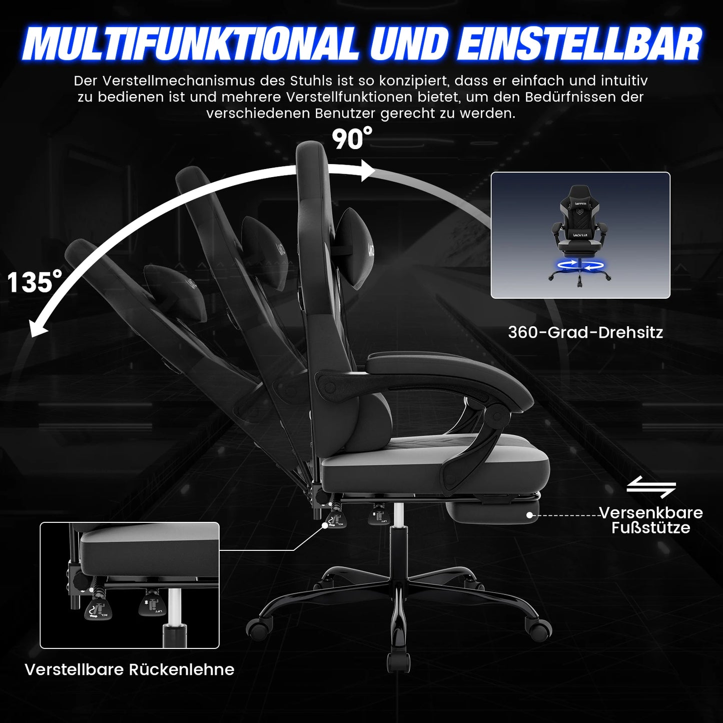 Gaming Chair with Footrest Ergonomic Gamer Chair, Height Adjustable Computer Gaming Chair with Lumbar Support, Headrest, Swivel Office Chair