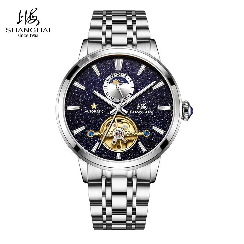 Shanghai Watch Flywheel Men's Watches Calendar Starlight Dial Automatic Mechanical Wristwatch 316L Stainless Steel Clock S8609