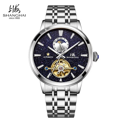 Shanghai Watch Flywheel Men's Watches Calendar Starlight Dial Automatic Mechanical Wristwatch 316L Stainless Steel Clock S8609
