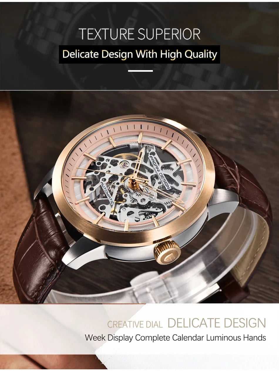 PAGANI DESIGN Business Man Watch Luxury Skeleton Hollow Leather Men's Wristwatch New Mechanical Male Clock Relogio Masculino