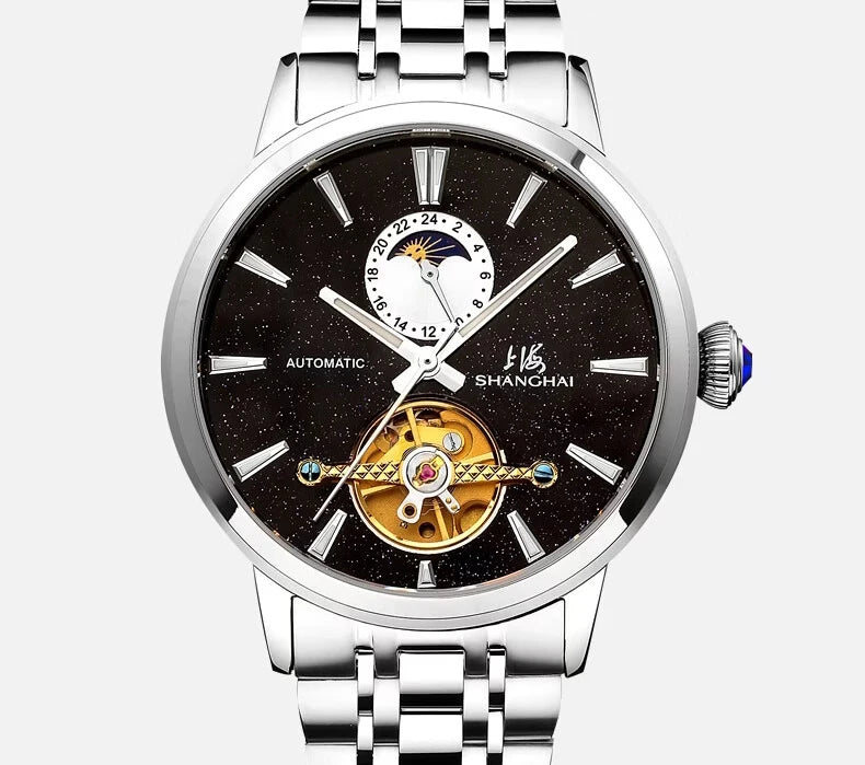 Shanghai Watch Flywheel Men's Watches Calendar Starlight Dial Automatic Mechanical Wristwatch 316L Stainless Steel Clock S8609