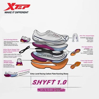 Xtep Shyft 1.0 Professional Running Shoes For Men 2025 Summer Marathon Shock Absorbing Carbon Plate Racing Shoes 875319110083