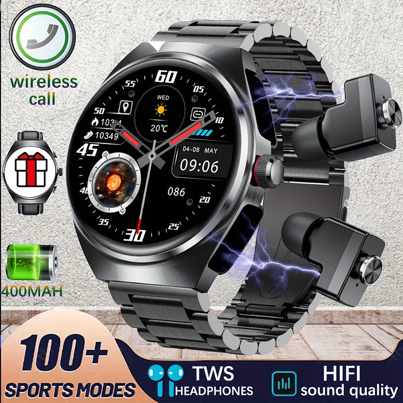 2026 New Smart Watch 2 in 1 With Earphone Smartwatch Bluetooth Call Men Watch Track Heart Rate Monitor Play Music SmartWatch