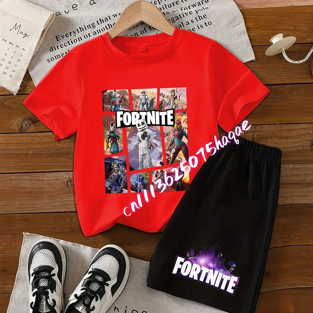 FortnitesT-shirt Shorts for Boys Girl Tee Pants Set Summer 2pcs Children Clothing Tops T-shirts Fortress Night Print Tees Gift