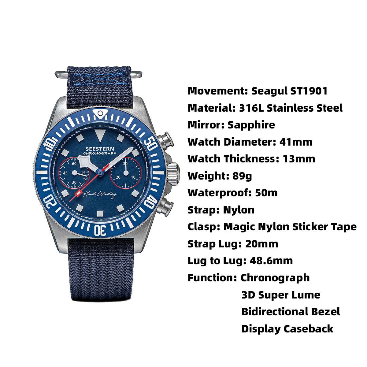 SEESTERN Chronograph Man's Watch Mechanical Tianjin ST1901 Movement Sapphire Wristwatches Nylon Sticker Strap Luminous Skeleton