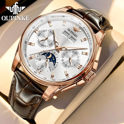 OUPINKE 3189 Classic Men's Watch Leather Strap Waterproof Moon phase Top Brand Automatic Mechanical Men's Wristwatch