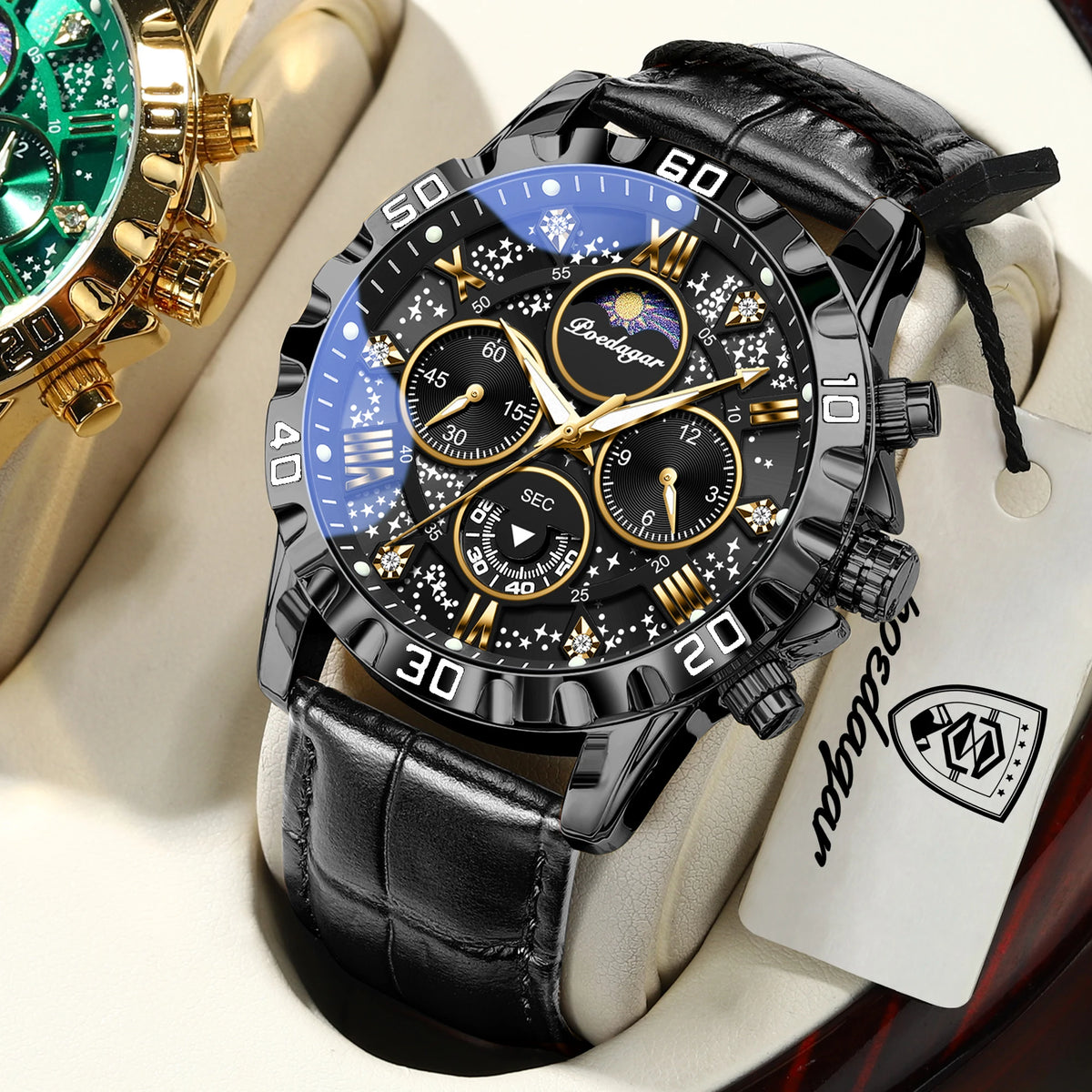 Luxus-Armbanduhr POEDAGAR für Herren – Sportlicher, wasserdichter und leuchtender Chronograph mit Lederarmband, Quarzwerk