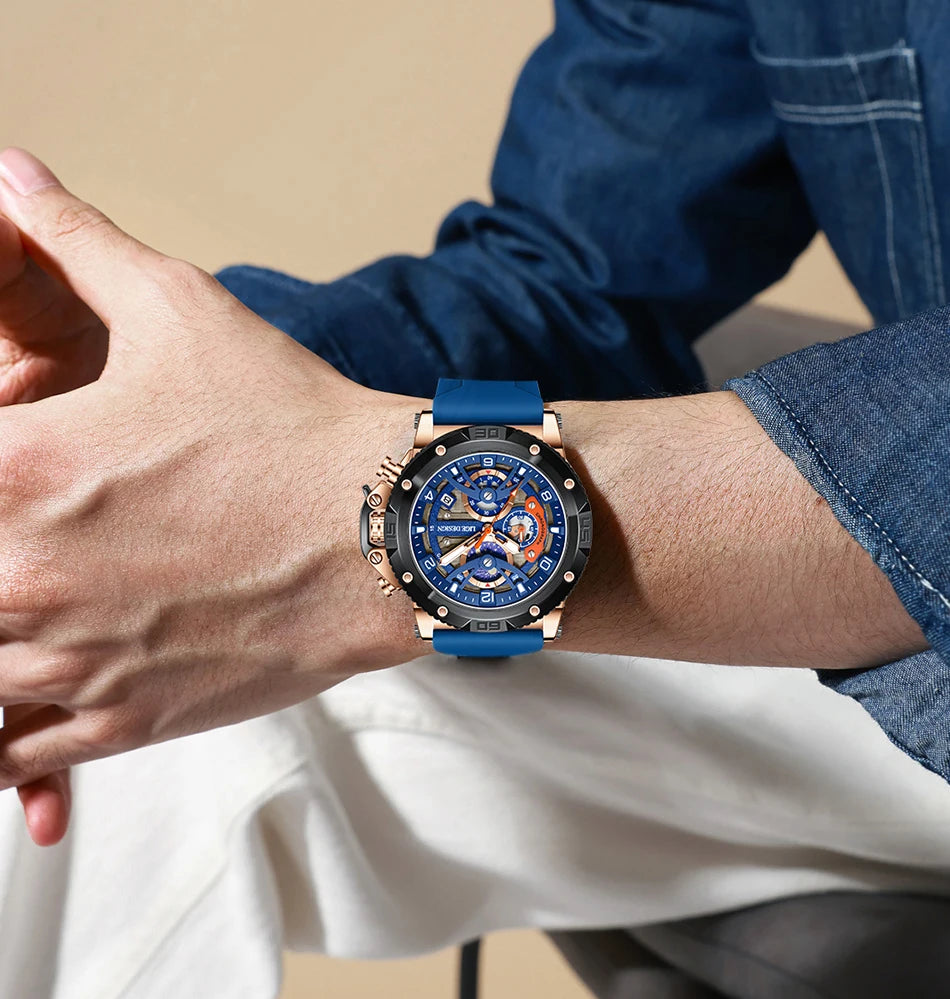 Montre pour homme LIGE Sports – Chronographe de luxe, bracelet en silicone, petits cadrans fonctionnels, mouvement à quartz, étanche et luminescente