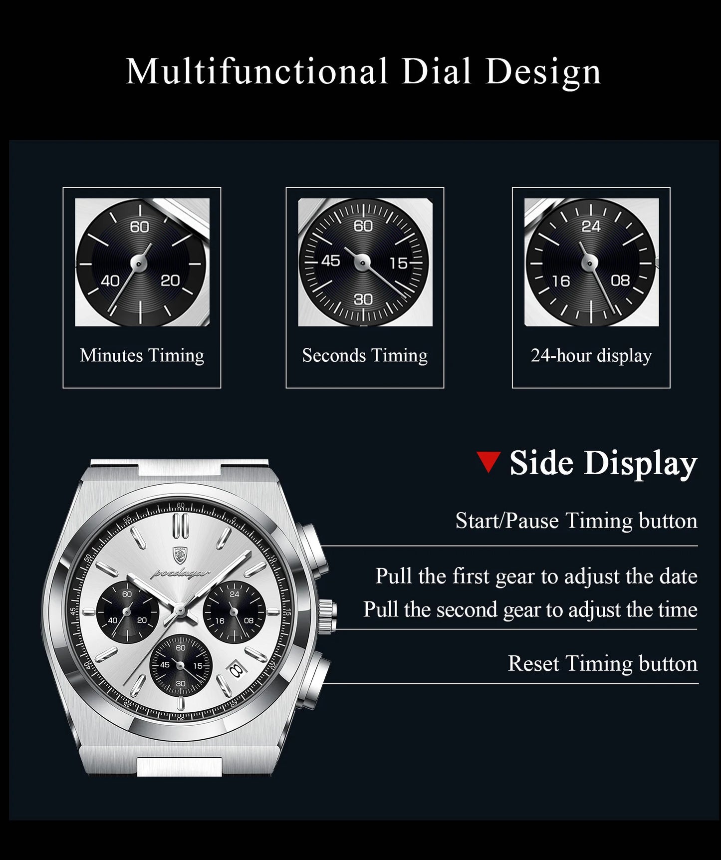 POEDAGAR Luxury Men's Watch Chronograph Date Stainless Steel Casual Man Clock Waterproof Luminous Fashion Quartz Watches For Men