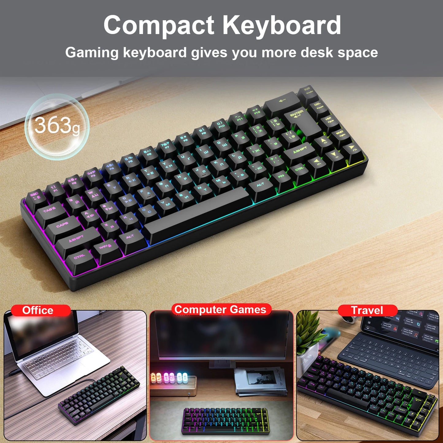 Mechanische Gaming-Tastatur mit 68 Tasten, Russisch/Englisch, zweisprachig, mit RGB-Hintergrundbeleuchtung fürs Gaming