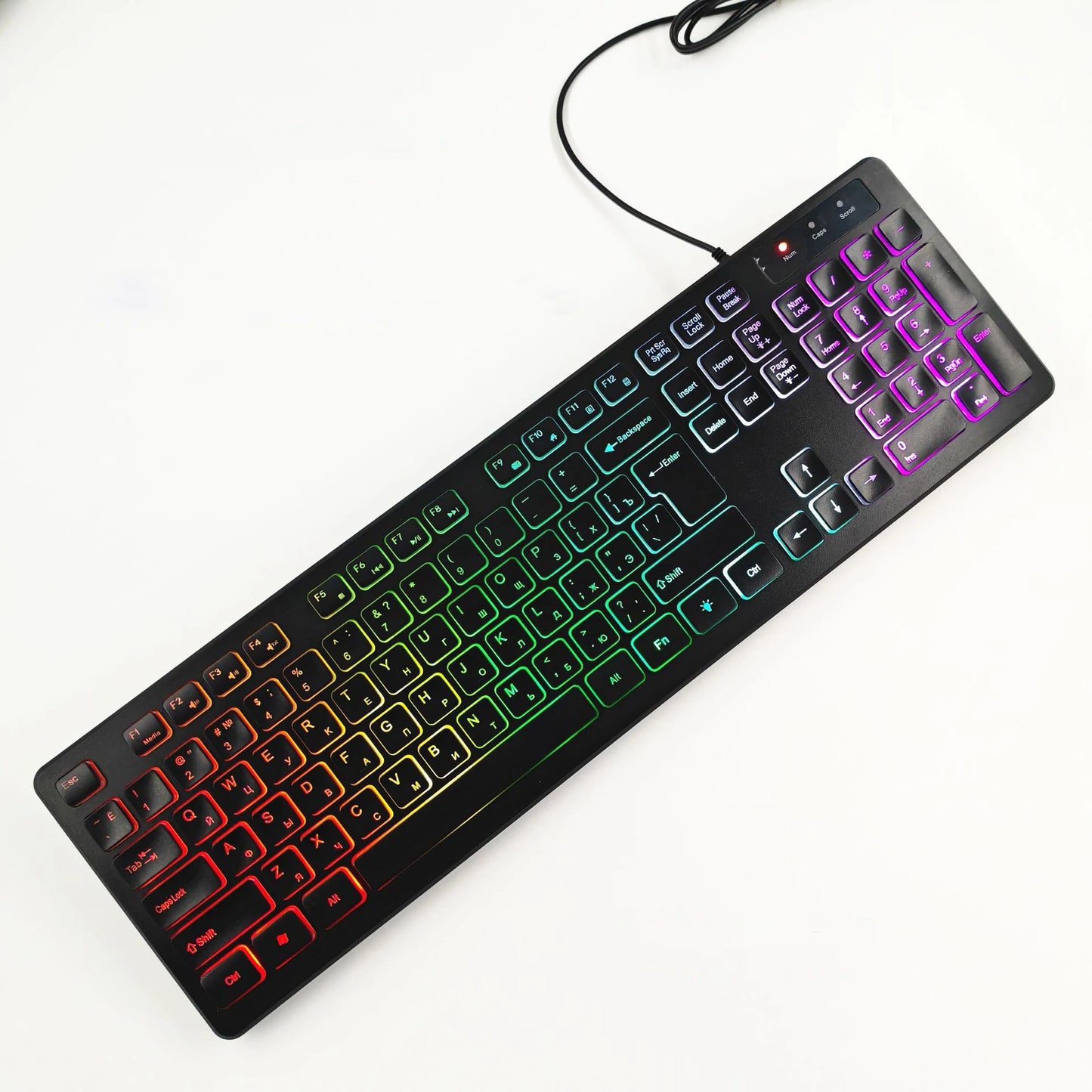 Computer-Gaming-Tastatur mit RGB-Hintergrundbeleuchtung, leise kabelgebundene USB-Tastatur für Büro und Zuhause – Russisch, Französisch, Spanisch, Deutsch, Arabisch, Englisch