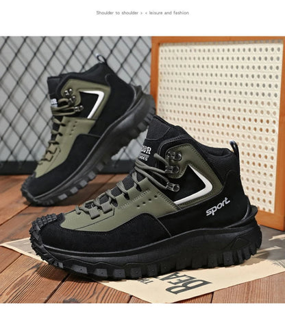 Black And Tan Mid Top Hiking Boots Suede And Leather Platform Sneakers Non Slip Outdoor Casual Shoes With Rugged Sole For All