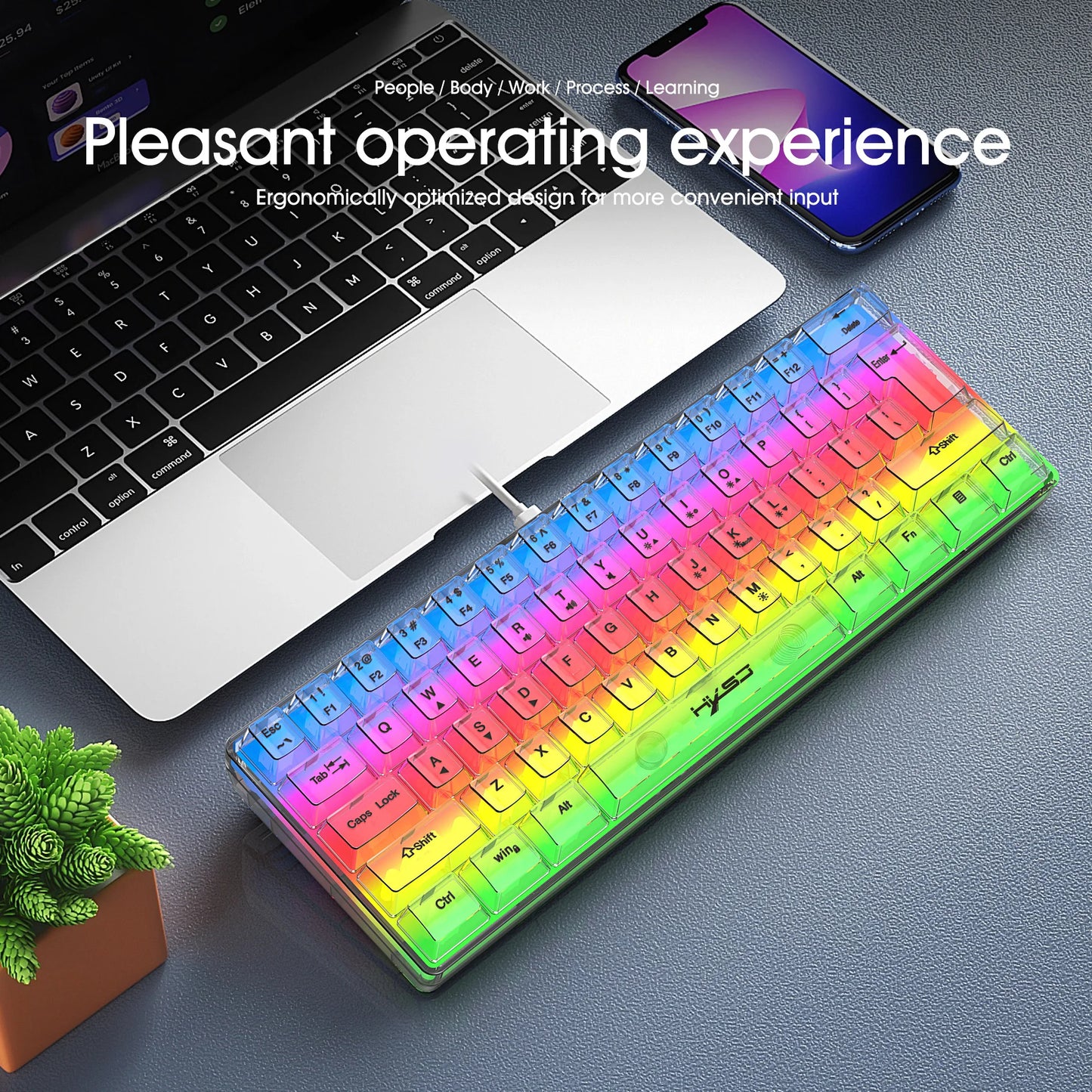 Teclado gaming transparente con cable HXSJ 60%, retroiluminación RGB, ultracompacto, resistente al agua, teclado compacto pequeño de 61 teclas para PC/Mac