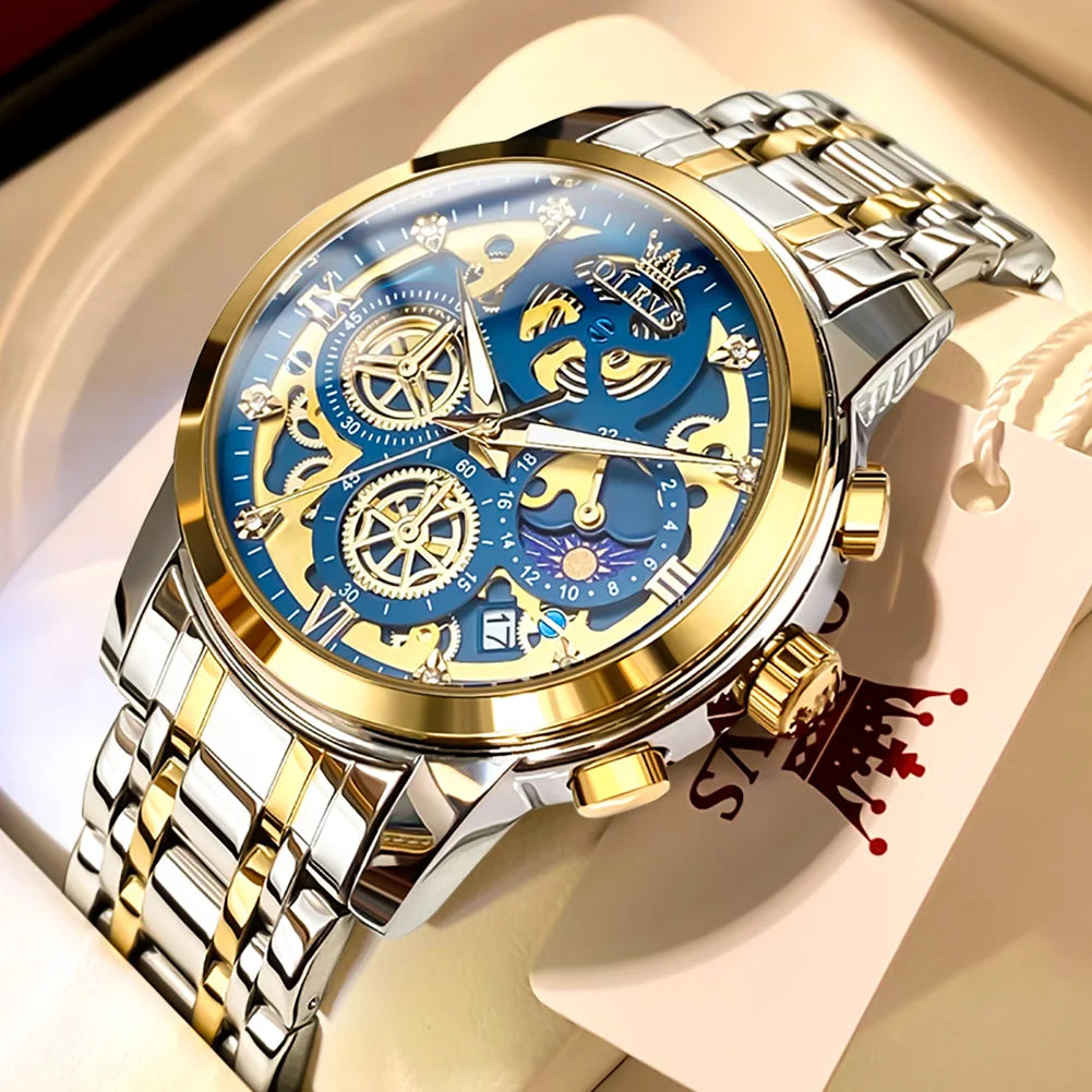 OLEVS Herrenuhr – Luxusmodell, wasserdicht, Quarzwerk, Skelett-Design, 24-Stunden-Anzeige (Tag/Nacht), goldfarben