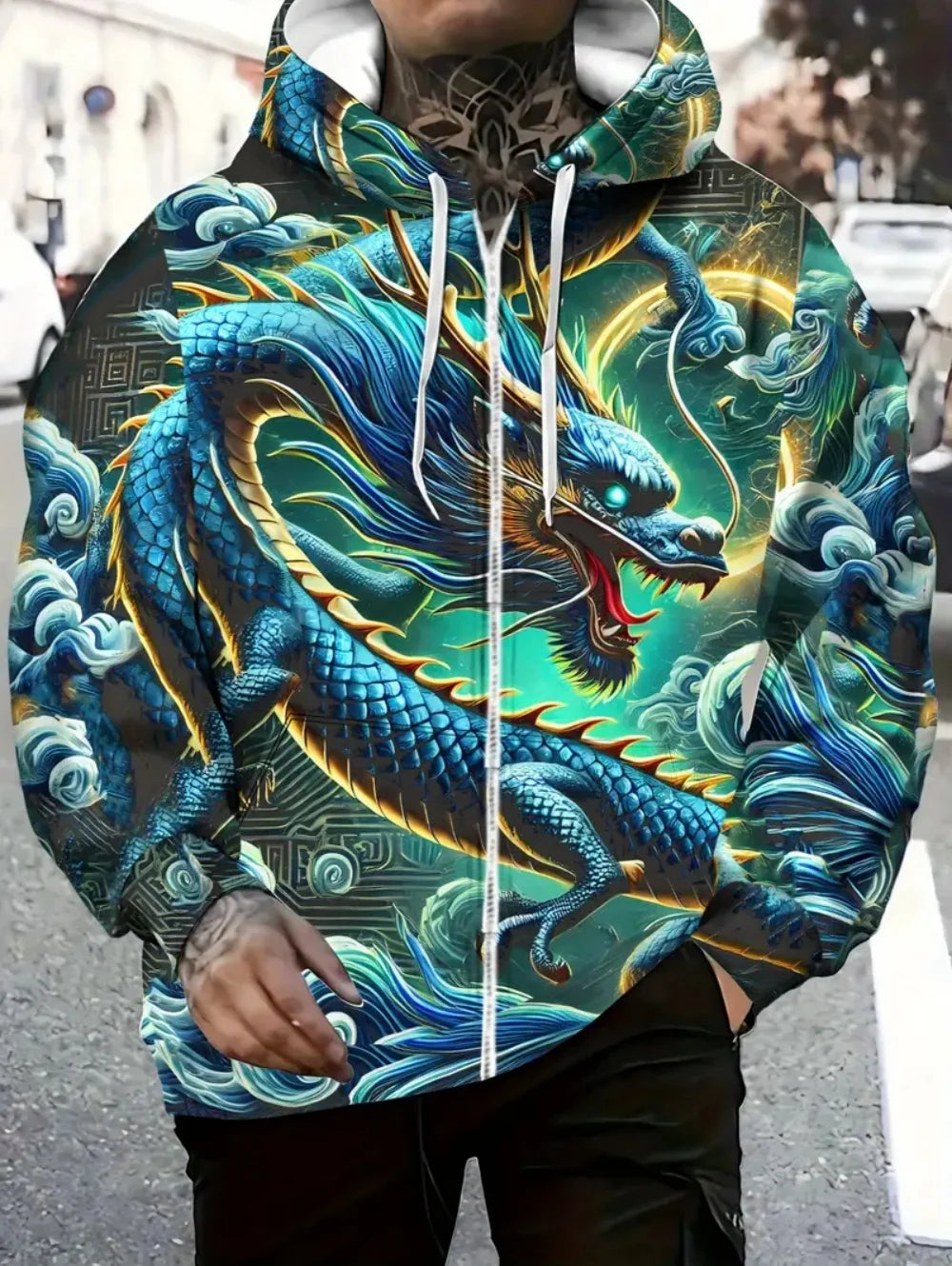 Herren-Kapuzenhoodie mit Drachenprint und Reißverschluss, für Outdoor-Aktivitäten und Reisen, mit Kordelzug, langärmelig, Herbst/Winter, Oversize-Sweatshirt für Männer
