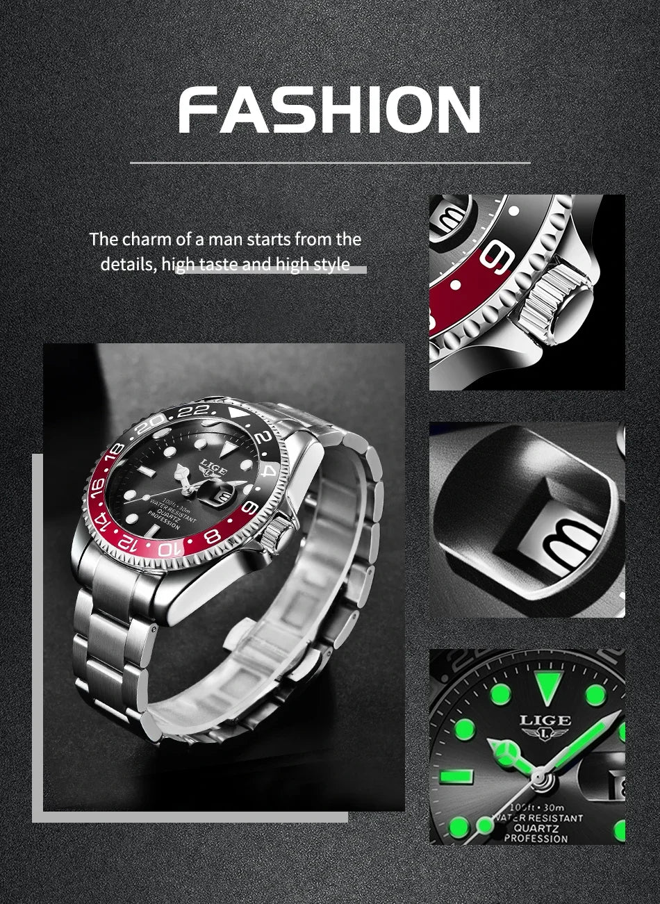 LIGE Men’s Luxury Quartz Watch  Stainless Steel, Luminous Dial, Waterproof & Business Design