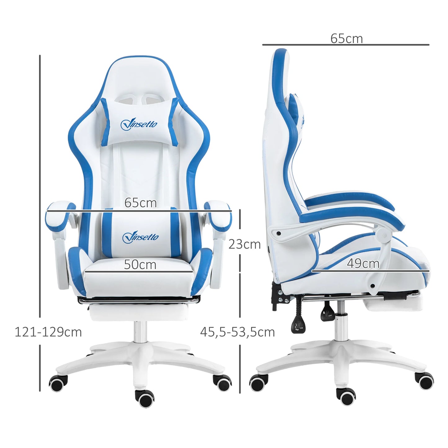 Gaming chair ergonomic gaming chair with 135° reclining backrest and lumbar support, 65x65x121-129 cm white
