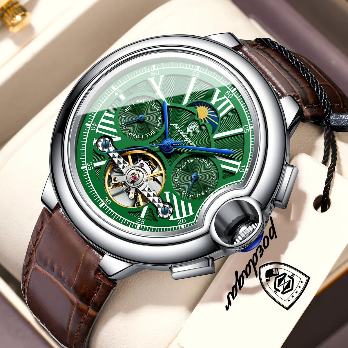 Orologio di lusso da uomo POEDAGAR – Modello meccanico a carica automatica con datario e indicatore del giorno, cinturino in pelle, tourbillon, impermeabile, stile elegante e professionale.