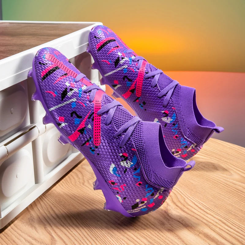 Chaussures de football mi-hautes FG pour terrain ferme, empeigne texturée imprimée graffiti, bottes de football à lacets, crampons durs transparents professionnels