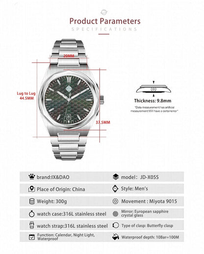 IX&DAO 2025 New 37mm Warrior Men's Automatic Mechanical Watch Miyota 9015 Movement Sapphire Stainless Steel Waterproof 10Bar BGW