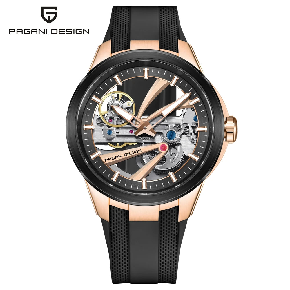 PAGANI DESIGN -miestenkello – Mekaaninen automaattinen luksusmalli, ”skelettityyppinen” (avoin rakenne), varustettu tourbillon-mekanismilla, heijastamattomalla safiirilasilla, vesitiivis ja valoa heijastava.
